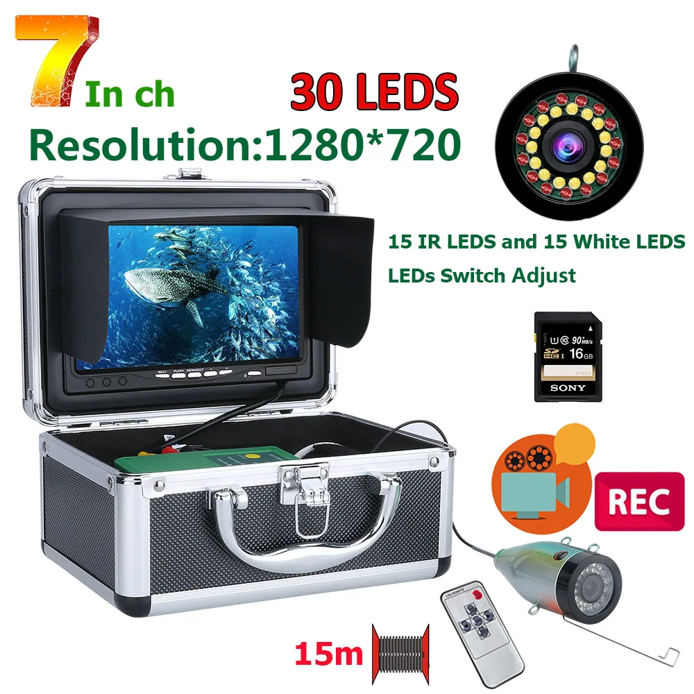 Détecteur de poissons hiver avec caméra sous-marine 7 pouces HD - Écran 1280x720 carte 16G pour pêche mer/glace/bateau