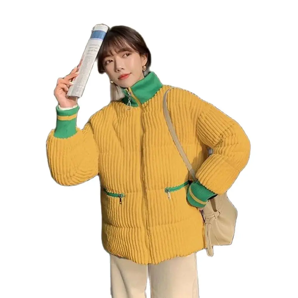 

Korean Corduroy Stitching Contrast Knitting Embroidery Down Cotton-padded Jacket Women's Fashion Warm Bread Clothing Coat Tide.