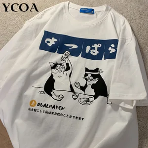 Men Tshirt Oversized Drinking Cat Anime Cotton Print Streetwear Graphic Short Sleeve Korean Fashion Top Harajuku Summer Clothing