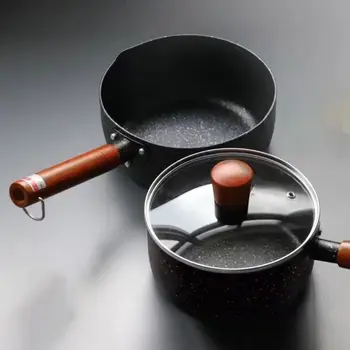 Pentola per il latte antiaderente Manico in legno Pentola per zuppa universale in stile giapponese con coperchio e beccuccio versatore Pentola per alimenti per bambini 1