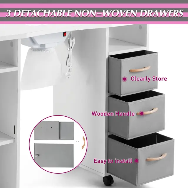 Pro Manicure Table Nail Desk Beauty Salon Dust Collector  Drawers+Wheel+Wrist Pad