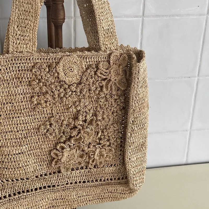 Summer Flower Woven Tote Bag Bohemian Travel Straw Bags for Women Handbags Designer Shoulder Bags Bali Beach Bag Shopper Purses
