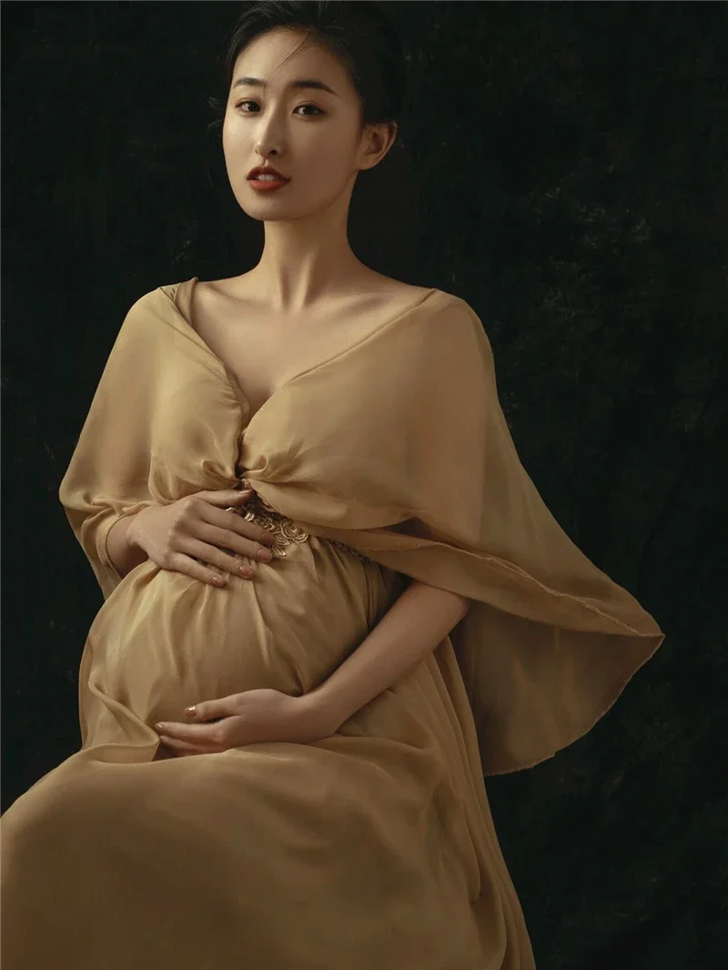 

Women Photography Props Maternity Dresses A-line V-neck Champagne Elegant Pregnancy Dress Studio Shooting Photo Clothes