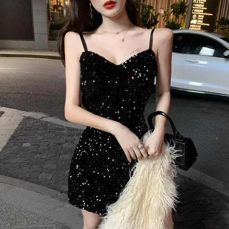 

Korean Fashion Sexy Sequin Black Dress Harajuku Goddess Nightclub Party Sleeveless Suspender Dress Punk Sequin Buttocks Dress