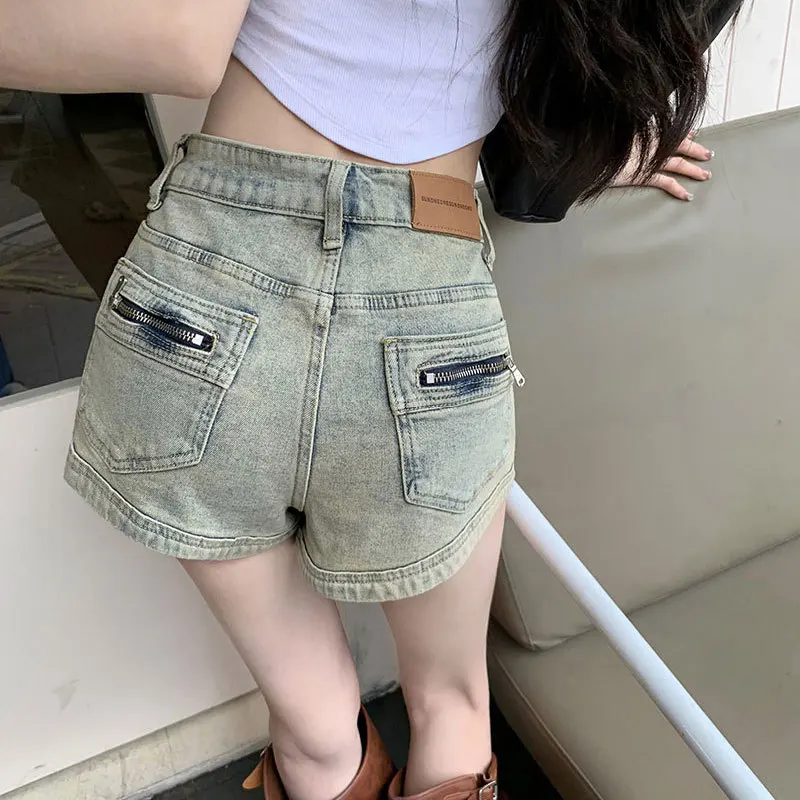 Summer Denim Shorts Women Vintage Zipper Pocket High Waist Short Jeans Female Casual Straight Leg Short Pants Mujer Hotpants New