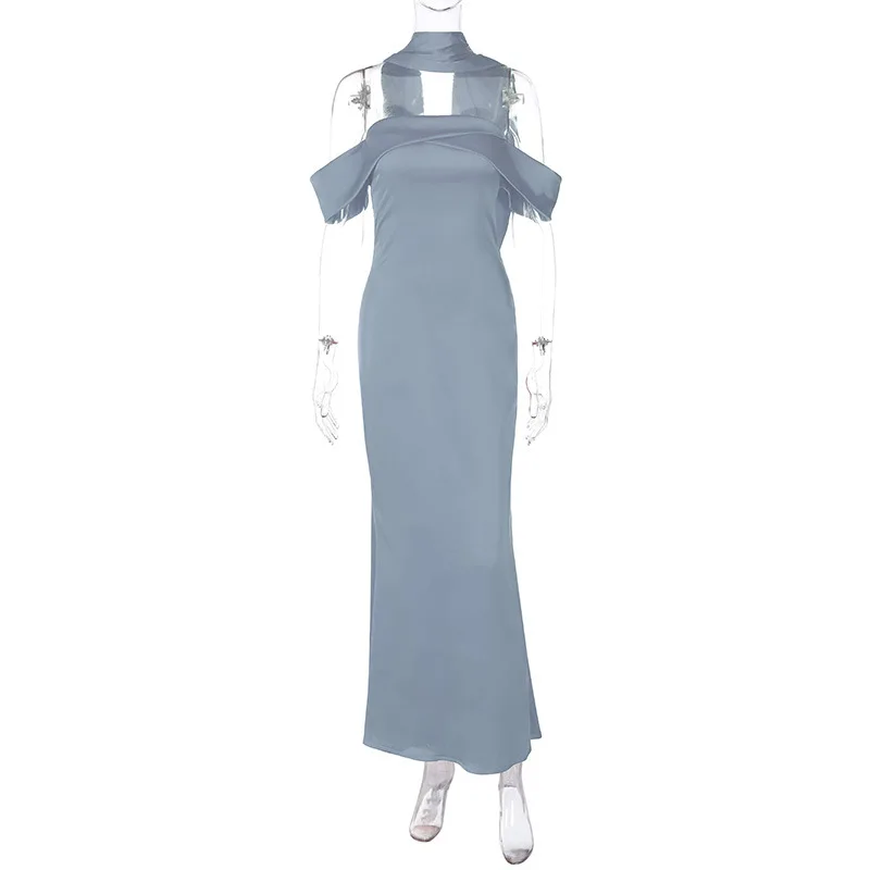 Elegante vestido largo sin espalda para mujer, ajustado, a la moda, con hombros descubiertos, vestido de fiesta de noche con cremallera, vestido de fiesta liso 2025