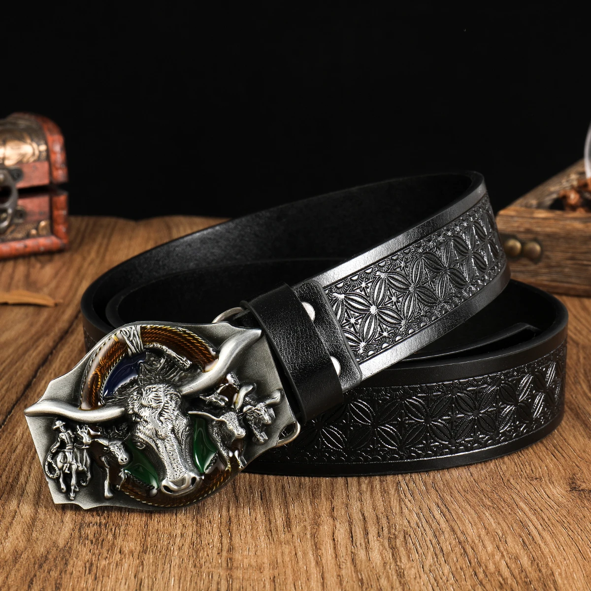Black Head Big bull head 3.7cm wide men's and women's Western bull head denim style bull scalprendy belt smooth buckle