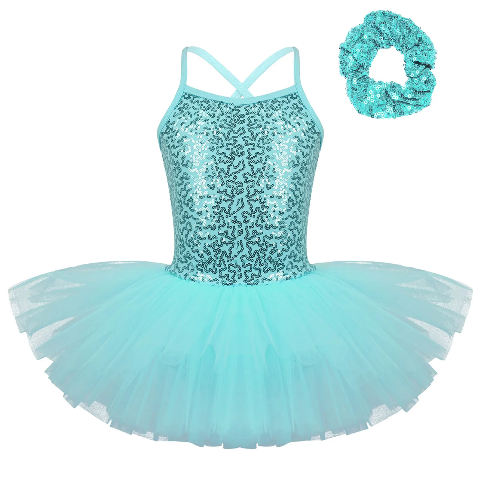 TiaoBug Kids Girls Sequined Tutu Dress Ballet Leotard Dress Performance Costume Criss-cross Strap Back with Hair Tie Headwear