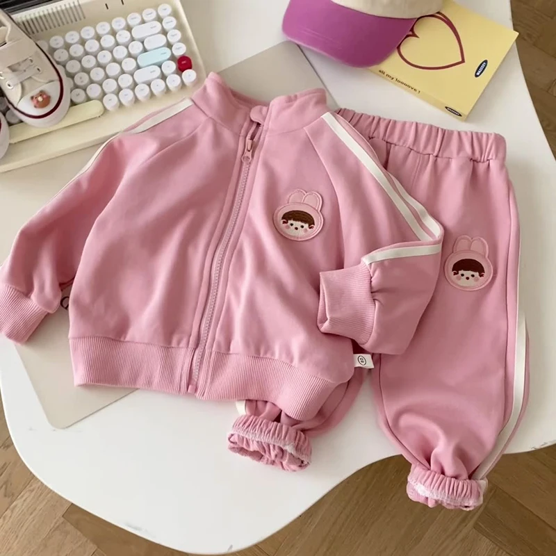 

Toddler Girls Outfit Sets Spring Fall Zipper Up Jacket +Jogger Pants 2 Pcs Korean Fashion Turtleneck Side Stripe Pink Tracksuits