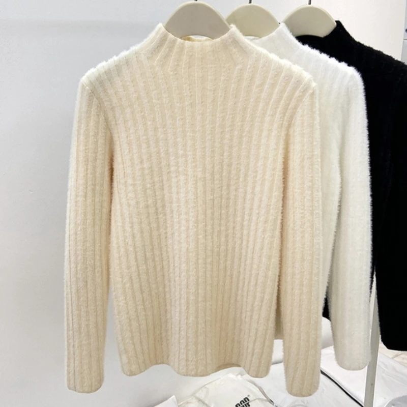 New Autumn/winter Women's Semi-turtleneck Long-sleeved Slim Sweater Warm Elegant One-piece Fleece Casual Knitwear Top