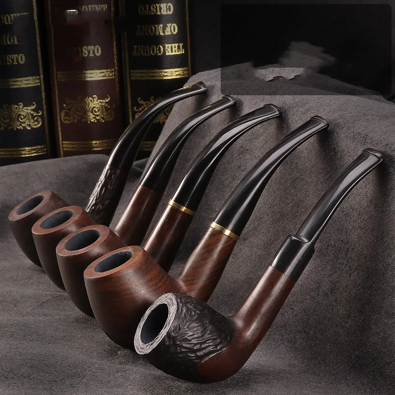 Smoking Pipe Kit Smoking Pipe Holder 1Pc Ebony Smoking Pipe 9mm Filter Bent Tobacco Pipe Gold Ring Wood with Smoke Accessory Ru