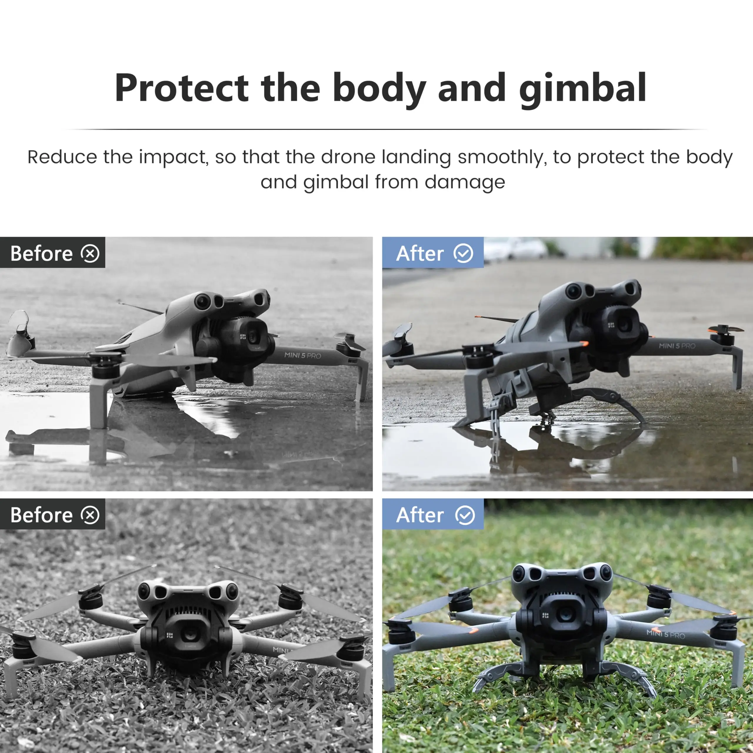 Détail des fixations du train d'atterrissage pliable pour DJI Mini 5 Pro, garantissant une stabilité parfaite. Achetez le train d'atterrissage pliable pour DJI Mini 5 Pro - Protection optimale.