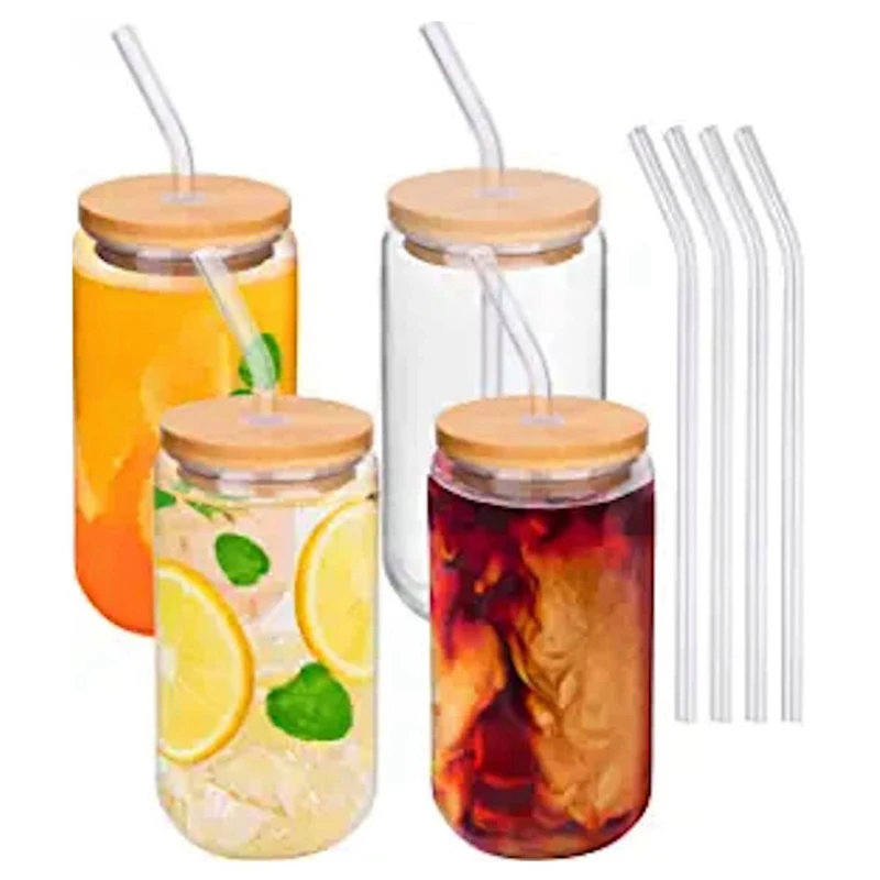 

Glass Coffee Cups Cute Coffee Cups With Lids And Straw 16Oz Drinking Glasses 4Pcs Set