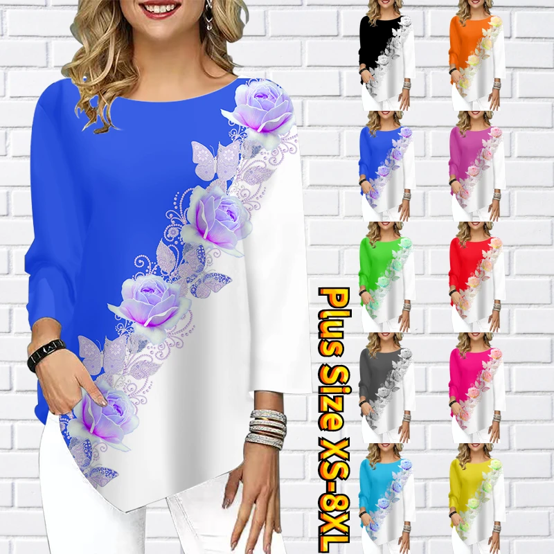 

Round Collar Splice Floral Print Three Quarter Sleeve Summer Women Loose Size Tee Fashionable Elegant Top Irregular Hem Pullover