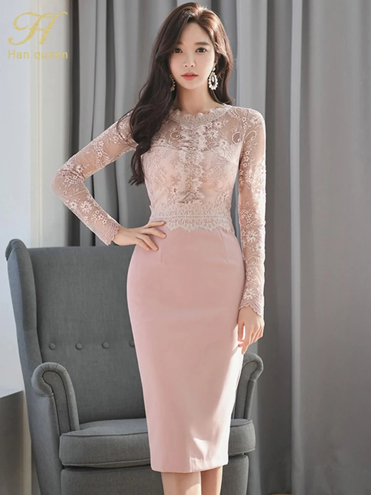 H Han Queen Korean spring Retro lace stitching Vestidos Sexy Dress ...