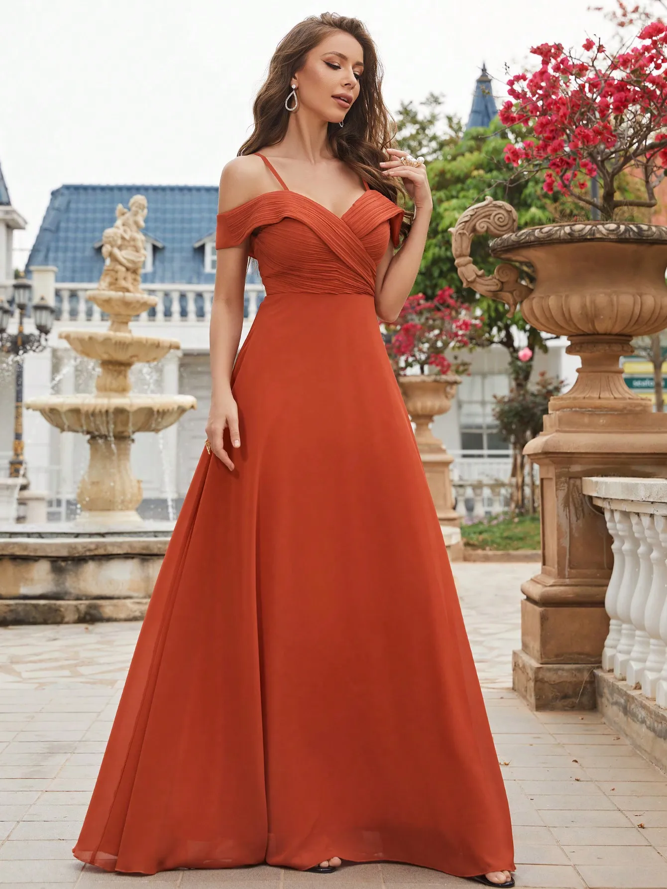 Unithorse Cold Shoulder Ruched Floor Length Chiffon Bridesmaid Dress