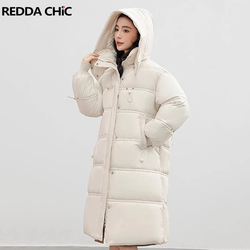 

ReddaChic Drawstring Women's Down Jacket Removable Hood Turtleneck Windbreaker Statue Outer Puffer Coat Thick Warm Winter Parkas