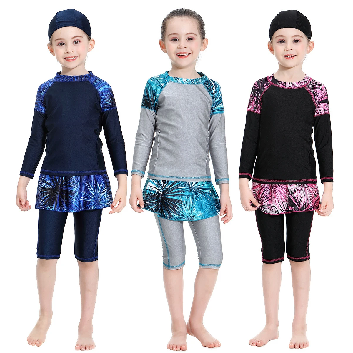 Summer Swimwear for Girls 2-15years Islamic Swimsuits 3pcs Printed Modest Arab Islam Beach Wear Kids borkinis Muslim Swimming