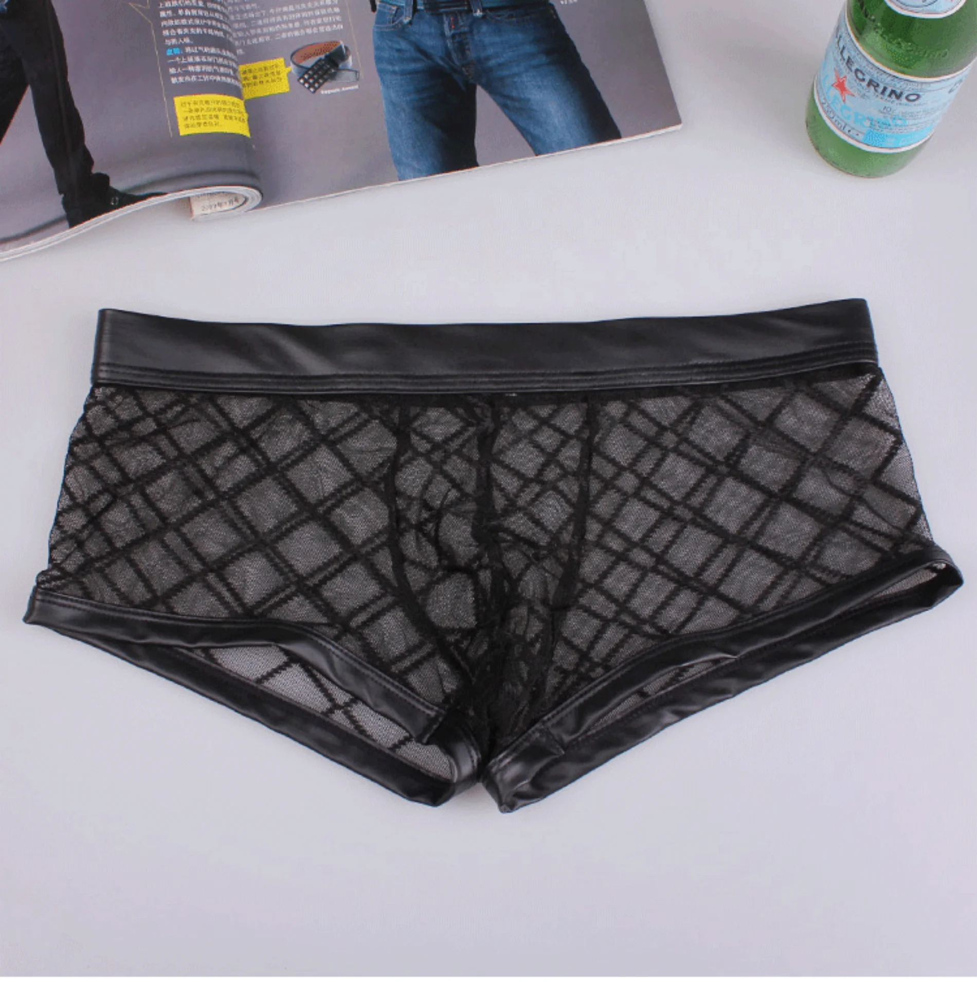 

Sexy Lingerie Men'S Boxer Shorts Alluring Tulle Perspective Checked Men'S Sexy Transparent Underwear Flat Corner Pants