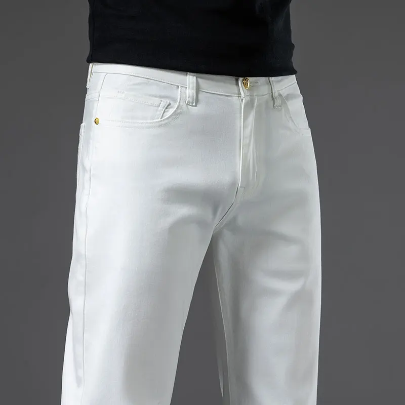 2024 New High-End White Jeans Men's Straight Loose Fashion Brand Stretch Casual Cotton Slim Fit Business Trousers