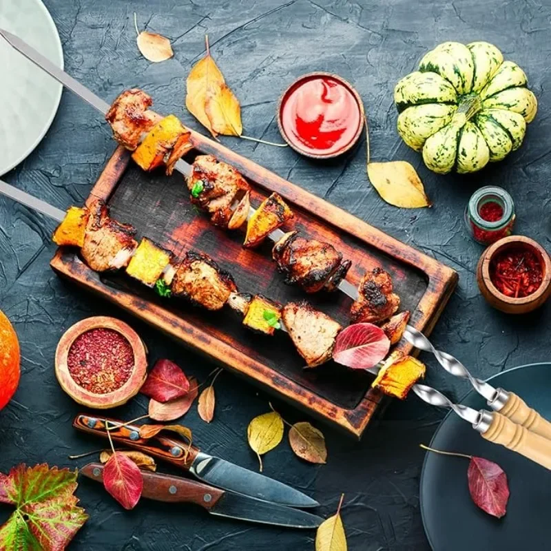 BBQ Fork BBQ Skewers Long Handle Kebab Barbecue Grill Sticks Reusable Stainless Steel Outdoor Camping Grill Needle 6-24PCS 55cm