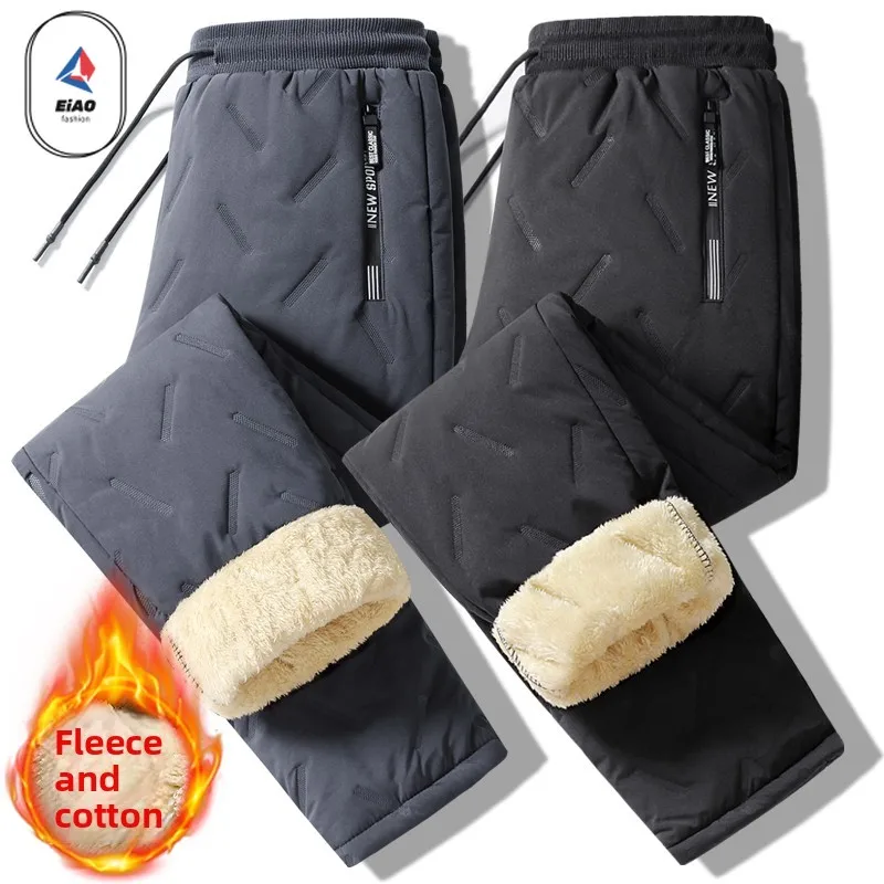 EIAO 2025 Mens Winter Fleece Lined Pants Thickened Warm Casual Trousers Versatile Lambswool Cotton Trousers Outdoor Comfort Tech