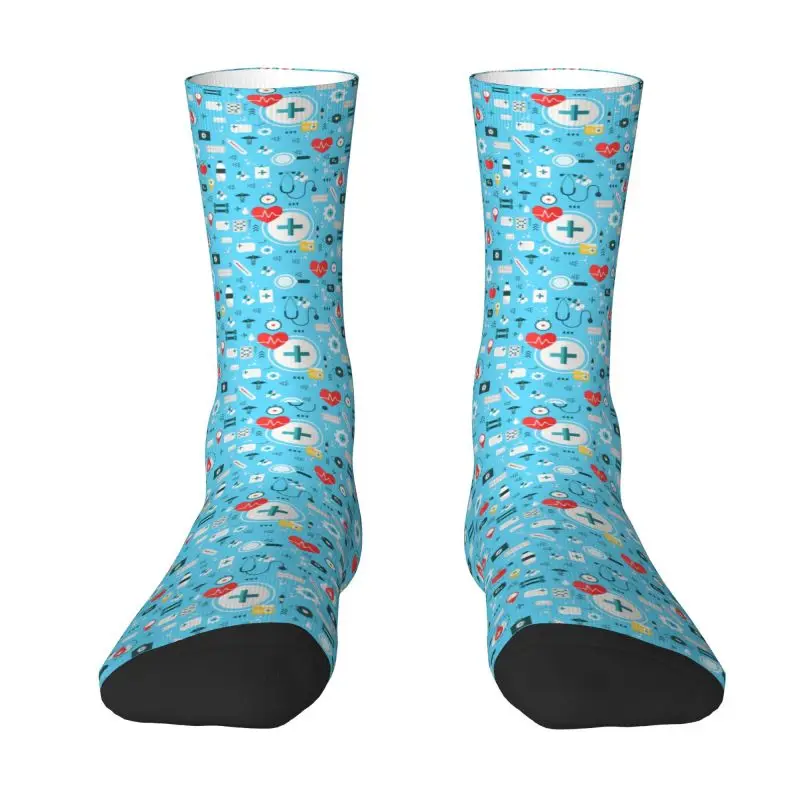 

Funny Printed Nurse Blue Fabric Socks for Women Men Stretch Summer Autumn Winter Nursing Tool Pattern Crew Socks