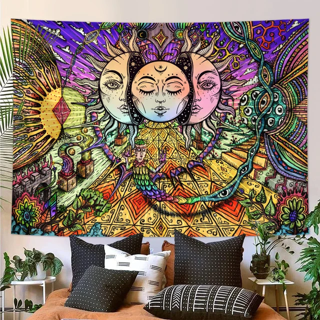 Tapisserie de Mandala bohème, tapisserie psychédélique de fleurs de plantes rétro, décoration murale de salle de Style Hippie, 1 pièce 5