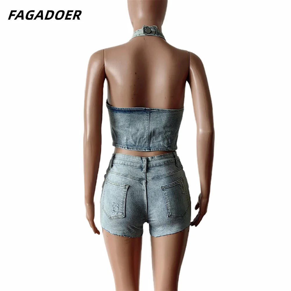 FAGADOER Blue Summer New Denim Shorts Two Piece Set Women V Neck Backless Sleeveless Tank Top And Hole Shorts Outfits Streetwear