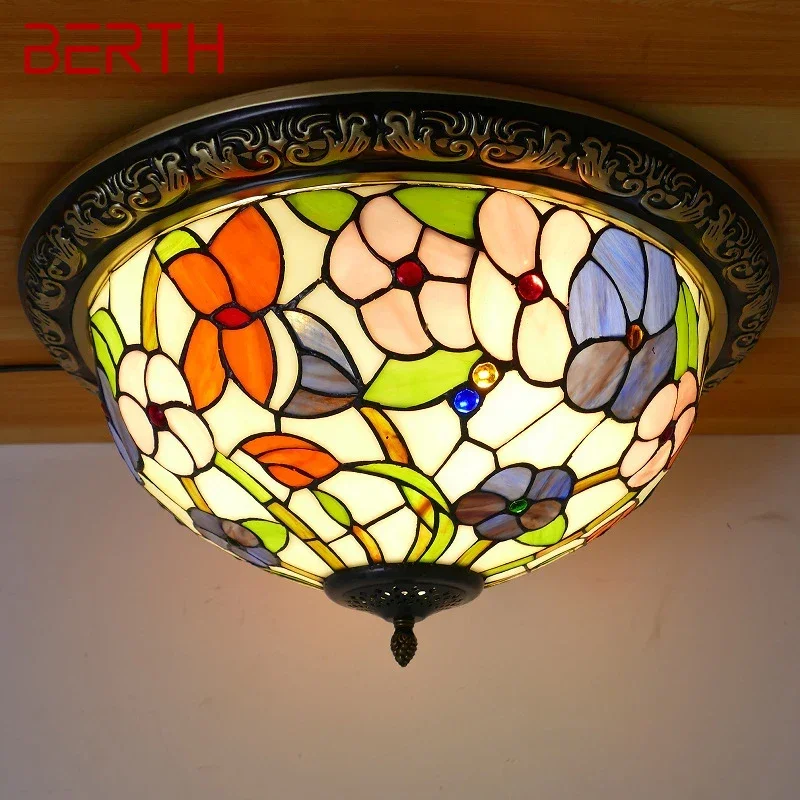 

BERTH Tiffany Ceiling Light American Countryside Bedroom Study Modern Creative Bar Counter Corridor Colored Glass Ceiling Light