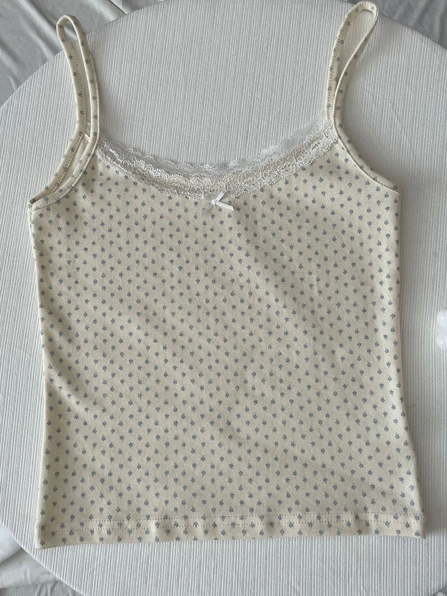 Floral Eyelet Lace-Trim Bow Tank Top - Women's Slim Cotton Camisole