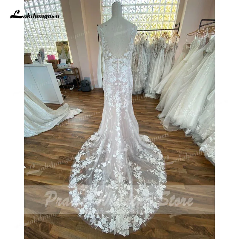 2022 Robe Mariee Pink Mermaid Wedding Dress Floral Sleeveless Tank Lace Appliqued V Neck Backless Vestidos De novia Lakshmigown long sleeve wedding dresses