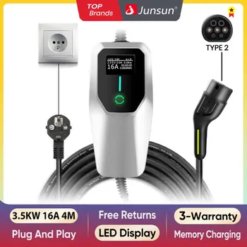 Junsun Portable EV charger Type2 IEC62196-2 Wallbox 3.5KW to 22KW 6A to 32A 4Meters IP65 for Tesla Kia Hyundai Nissan Dacia