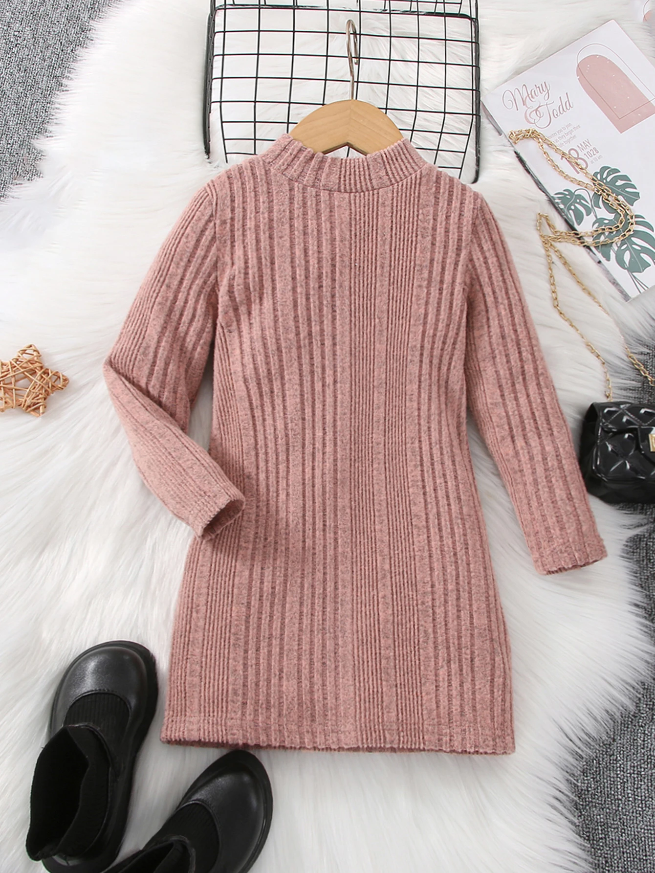 Autumn and winter girls' long sleeved round neck solid color pit stripe casual fashion cute knitted dress