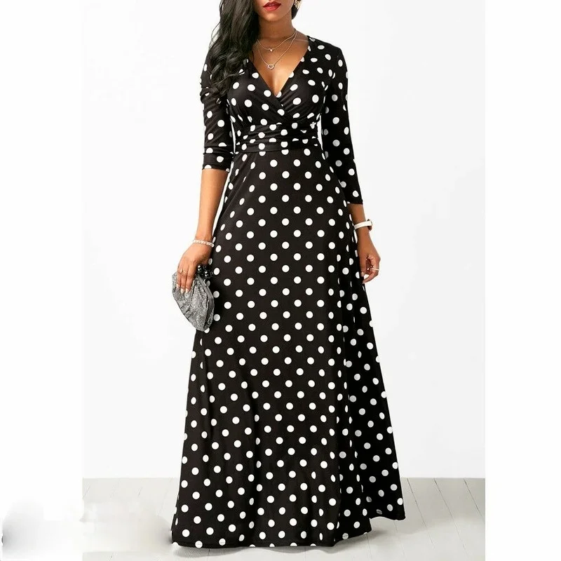 

Autumn Women's Polka Dot Long Sleeve Long Dress Bohemian Ladies Sexy V-neck Slim Temperament Long Dress Fashion Ladies Dress