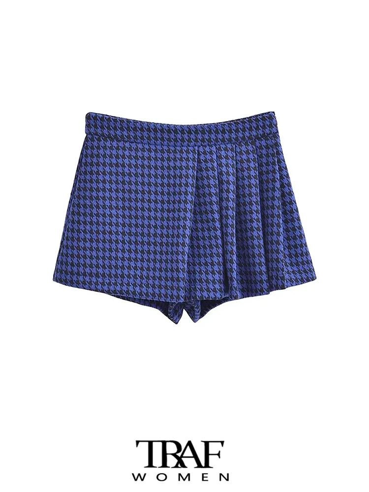 

TRAF-Women's Houndstooth Pleated Shorts Skirts, High Waist, Side Zipper, Female Skort ,Fashion