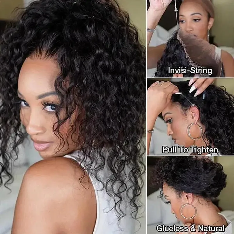 Perruques 360 HD Full Lace Front bouclées en cheveux humains naturels, pré-épilées, Deep Wave, avec sangle invisible, sans colle, Water Wave Lace Frontal