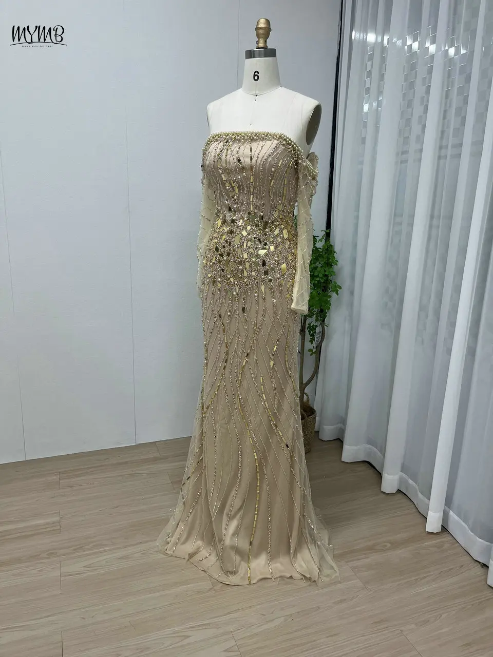 MYMB Gold Off Schulter Luxus Perlen Mantel Abendkleid Arabisch Kristall Langarm Meerjungfrau Formale Kleid für Frauen Hochzeit Party – Detail 11