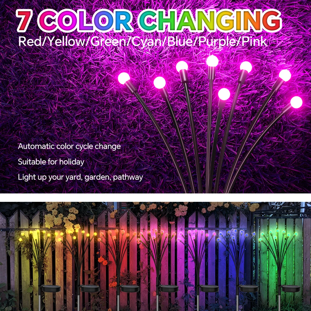 2 Pcs Solar Firefly Lights Outdoor, Waterproof Color Changing Solar Garden Light for Yard Patio Pathway Lawn Holiday Decorations