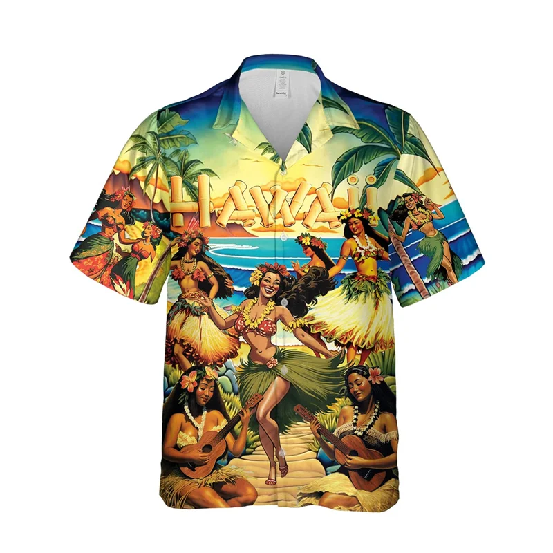 thumbnail image 1 of Camisas de playa con estampado 3D de chica hula para hombre, blusas casuales de manga corta con diseño de bailarina hawaiana, camisas de playa con botones Aloha, blusas para hombre, 1 of 4