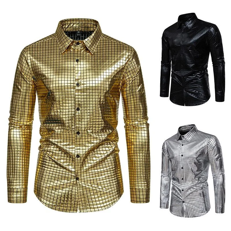 Shiny Gold Square Sequin Dress Shirts Men Long Sleeve Button Down Shiny Disco Party Shirts Male Nightclub Party Prom Chemise starship square ive первый фан концерт the prom queens random photocard pack