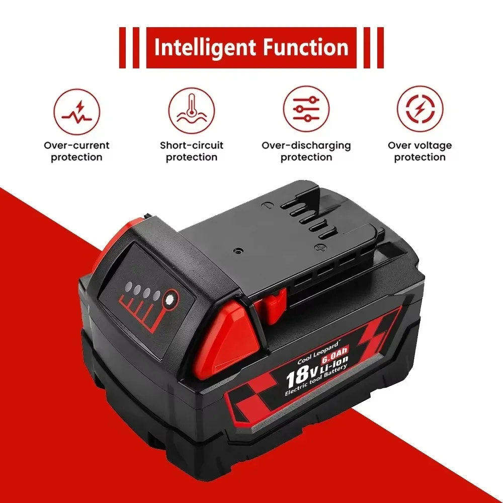 For Milwaukee M18 Power Tool Battery, Charger, BR, XC, 18V, 6000mAh 9000mAh  M18B5, 48-11-1860,2604-22 Built-in 18650 Battery 5