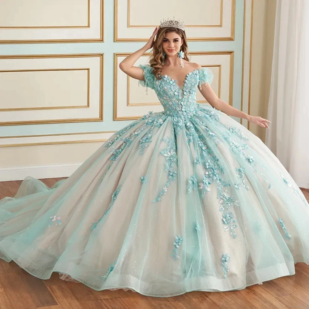 Mint Green Quinceanera Dresses Ball Gowns Shiny Lace Applique Beaded Sweet  15 16