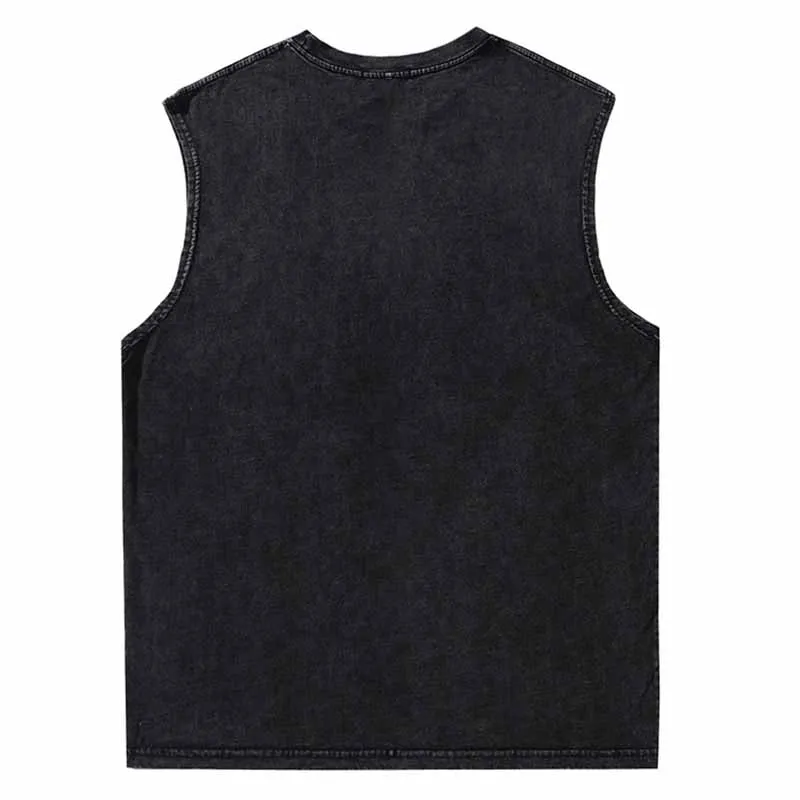 Oversize Lip Print Washed Loose Sleeveless Cotton Streetwear