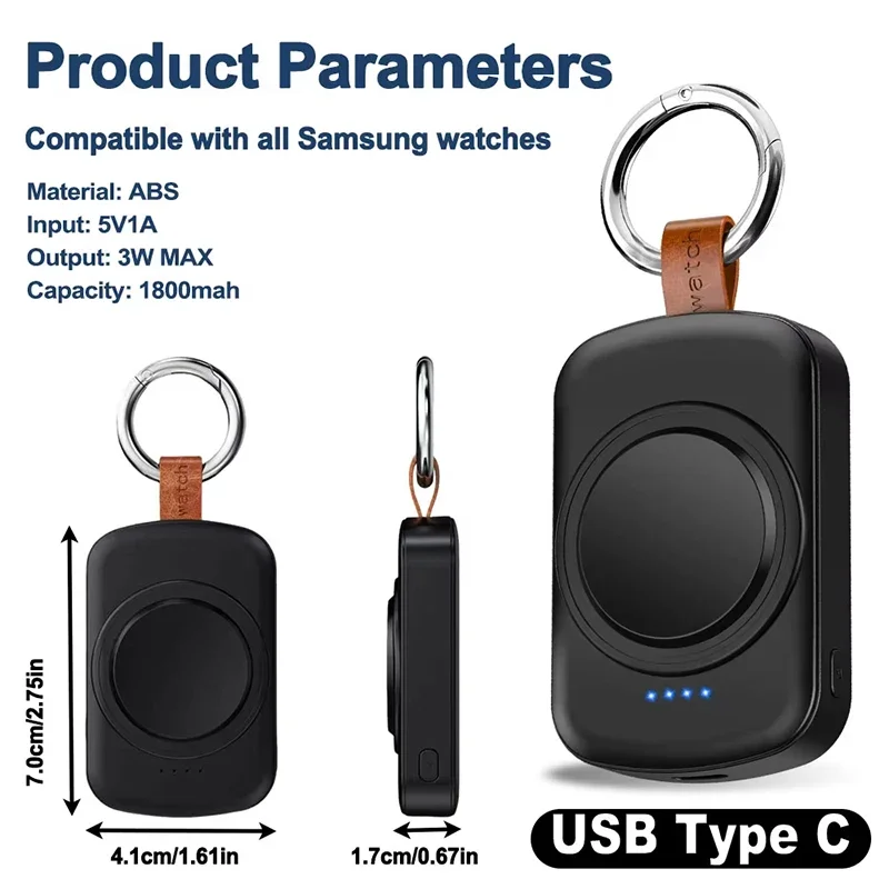 Magnetic Wireless Portable Watch Charger with 1800mAh Battery and USB Type-C Fast Charging