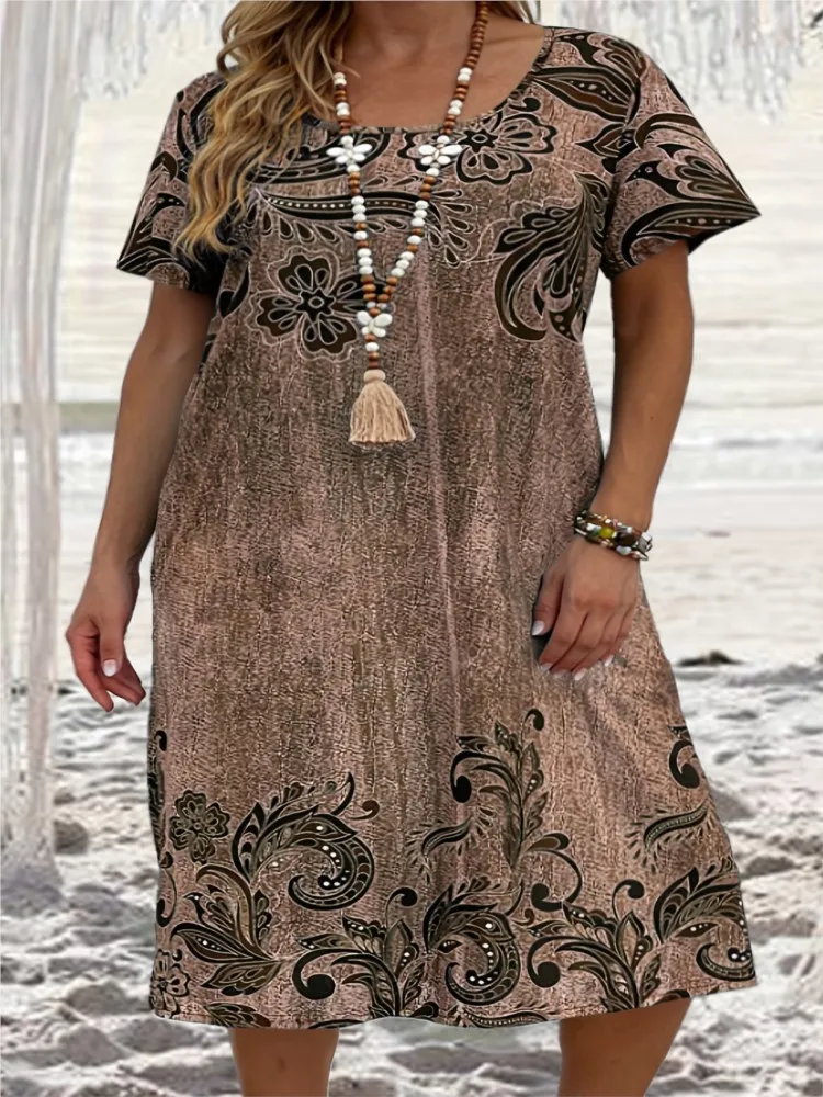 Woman Oversize Dresses Spring Summer Fashion Casual Short Sleeve Floral  Print O-neck Loose Midi Dress Women Vintage Pocket Dress - AliExpress