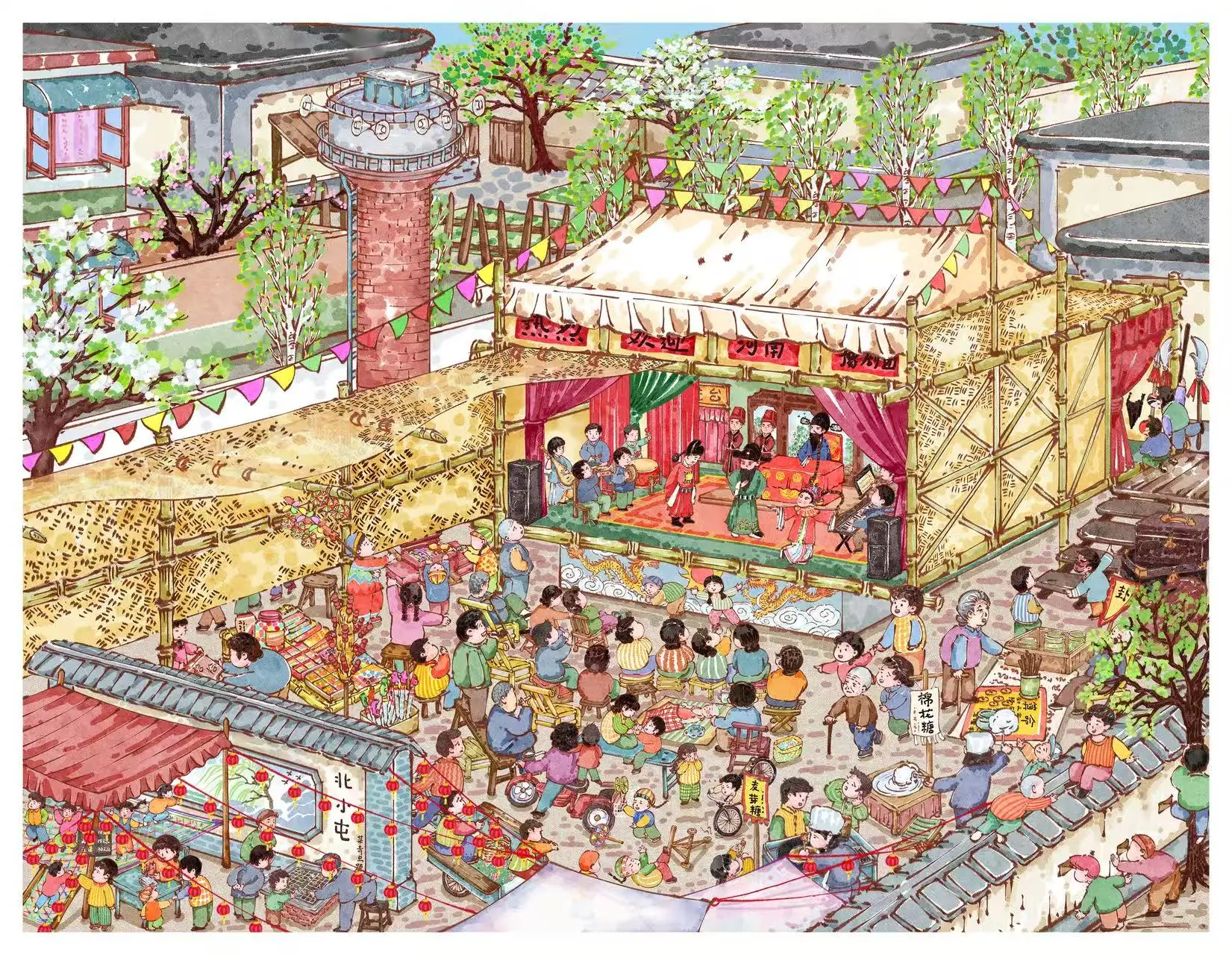 카와이 템플 페어 스테이지 3D 템플 페어 프론트 스트리트 풍경 스티커 DIY 포켓 캐빈 장면 축제 선물