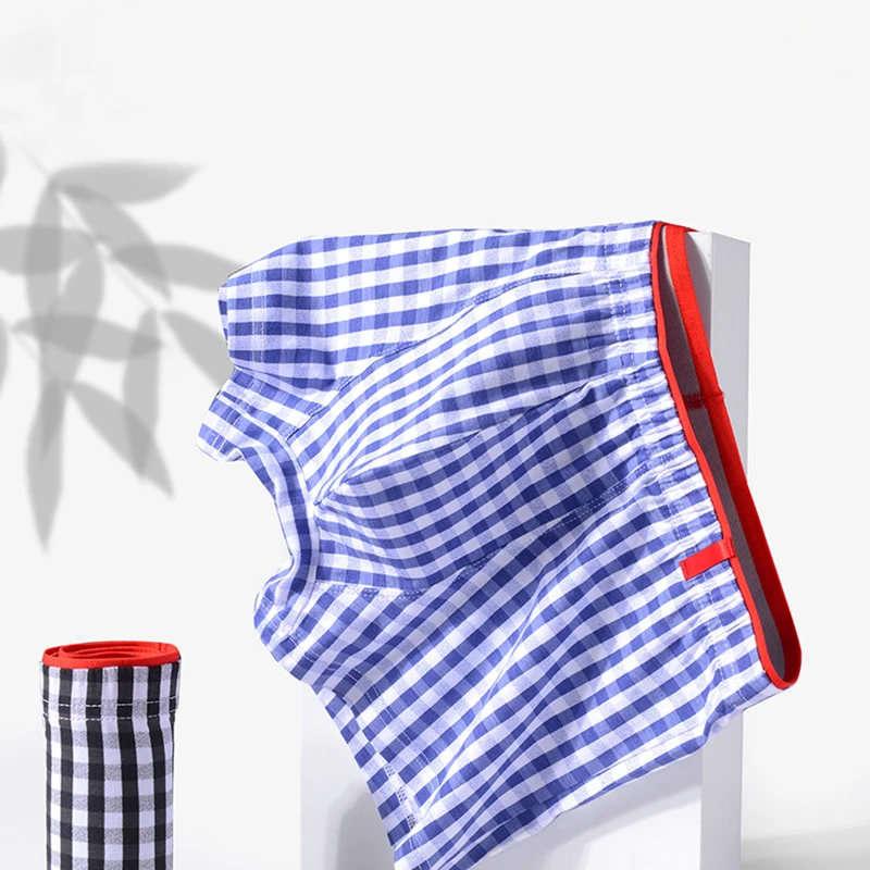 Soft Underwear Boxer Men Cotton Plaid Underpants Comfy Sleep Boxing Shorts Male U Convex Sexy Panties 4pcs Lots Trunks Blue Red