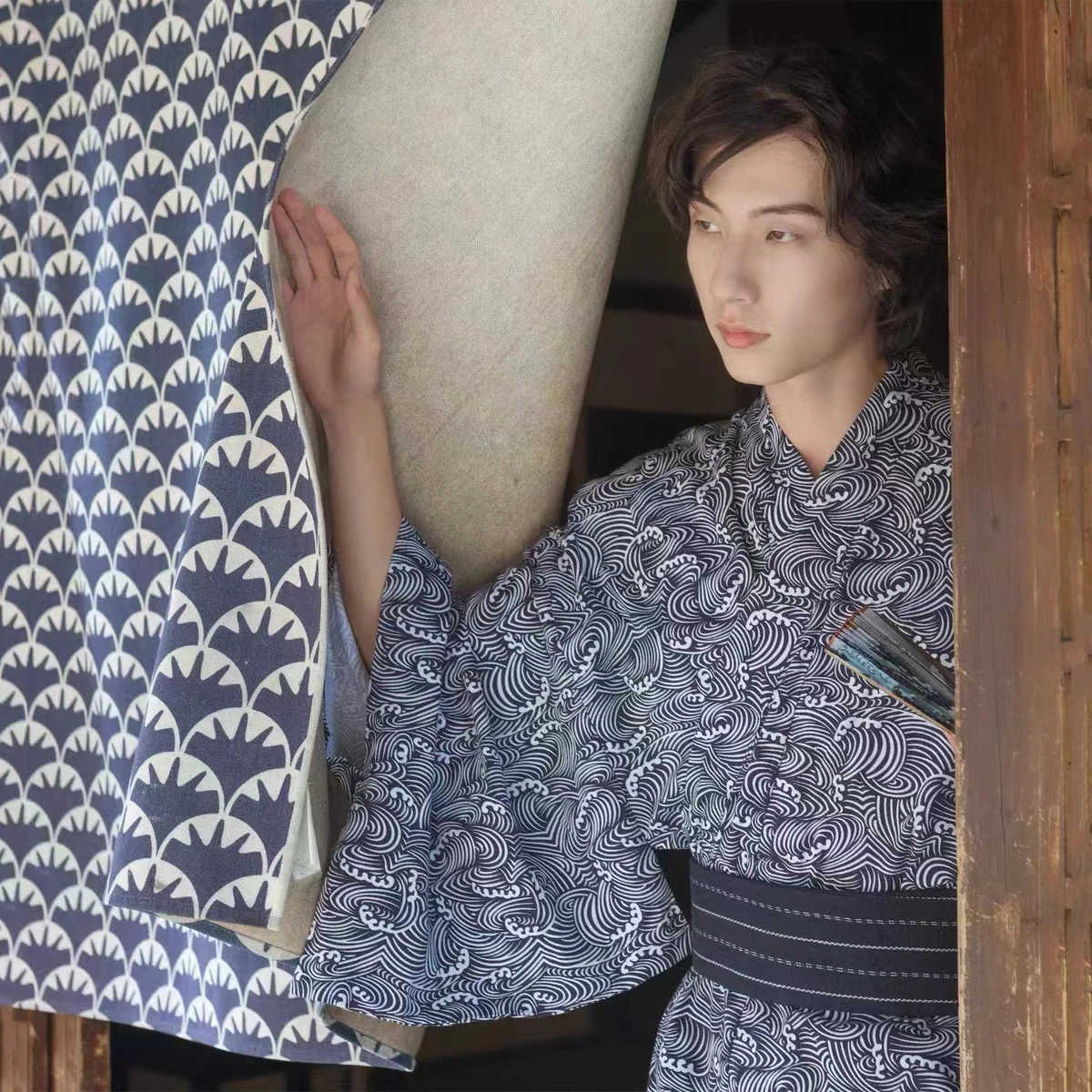 NEW Japanese Traditional Samurai Kimono For Man Retro Yukata Bathing Robe Hekoobi Loose Sauna Wear Homewear Belt Long Gown