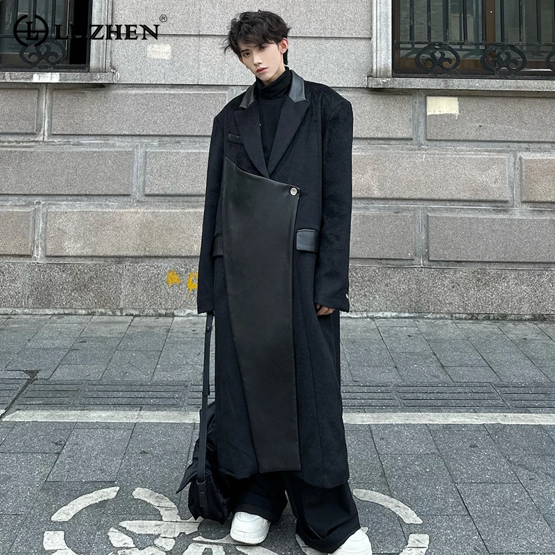 

LUZHEN Fashion Woolen Coat Trend Men Leather Spliced Long Overcoat Personality Autumnn Winter Windbreaker Loose Over Knee 4b640a